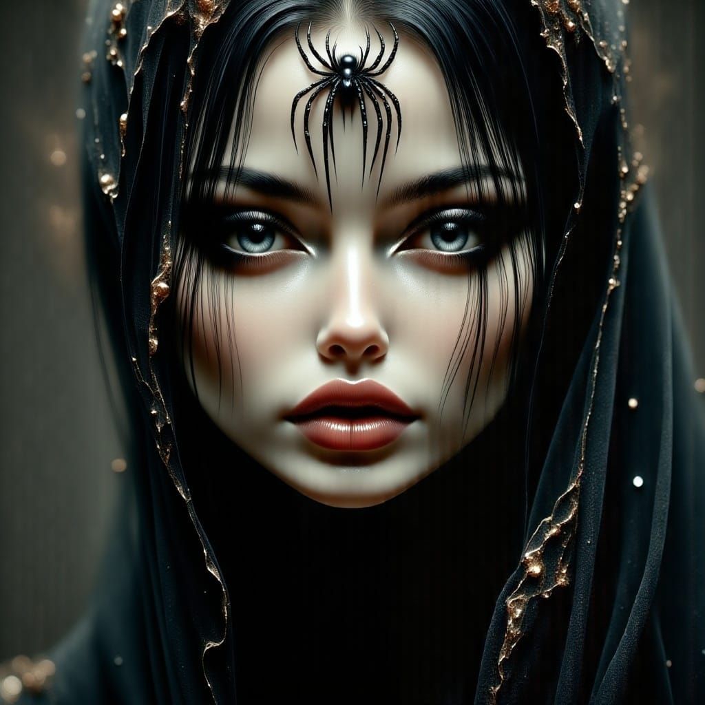 Gothic Portrait of a Woman with Cobwebs and Spider