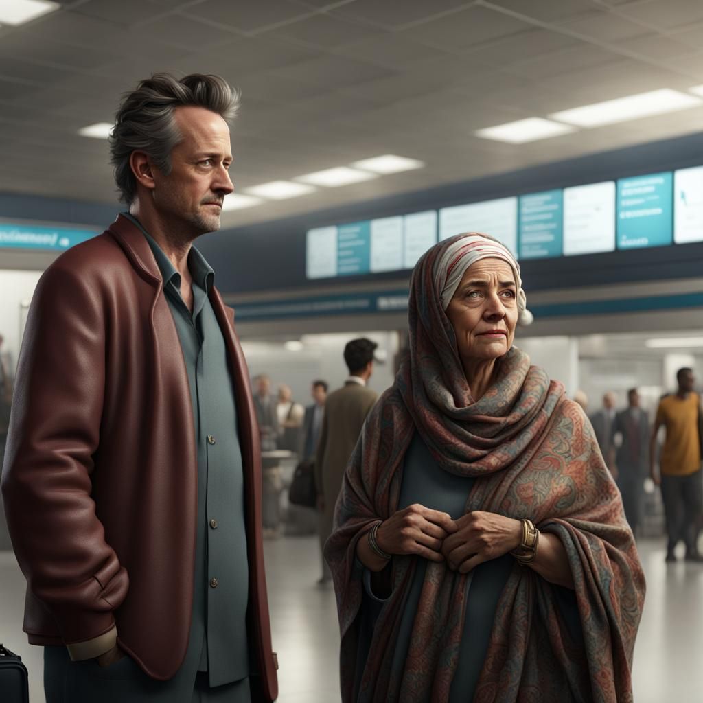Young Man and Yemeni Woman in Airport Lounge
