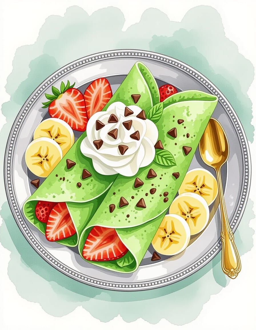 Mint Chocolate Crepes in Watercolor Splash Art