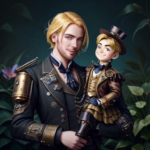 Steampunk Man with Puppet in Flower Garden