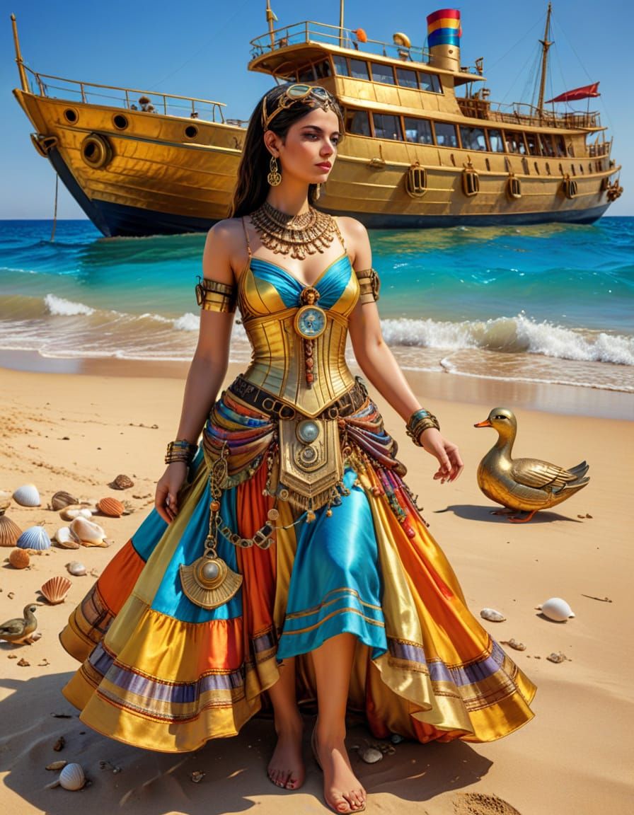 Steampunk Egyptian Goddess Isis on Beach Vacation