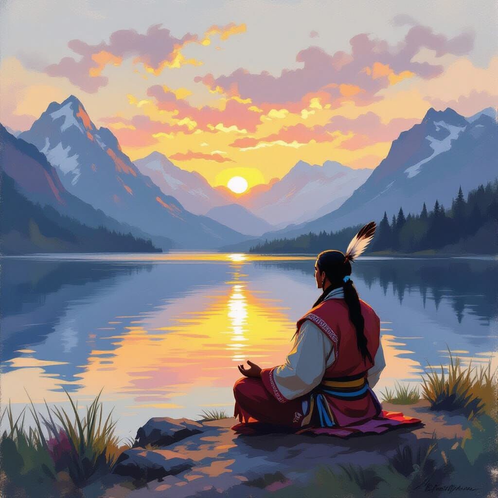 Shaman Meditating by Lake, Impressionist Style