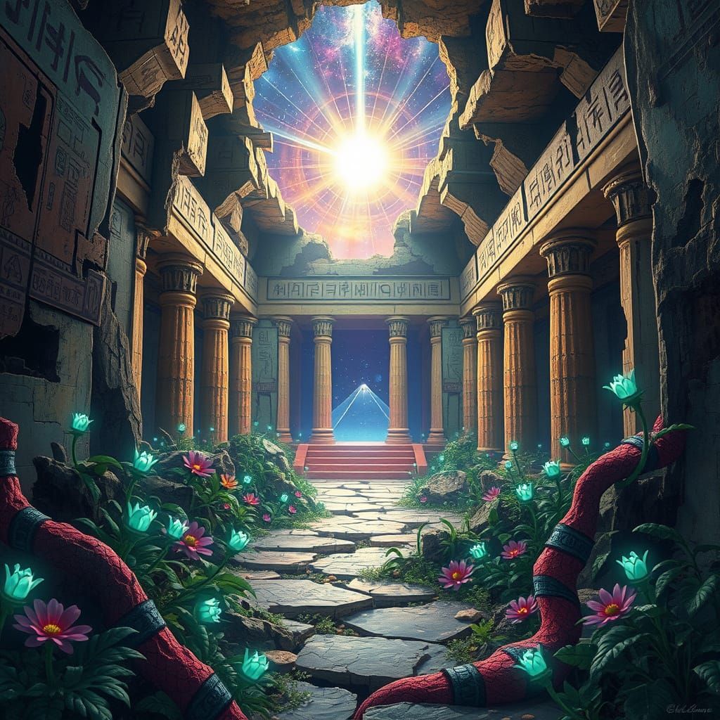 Forgotten Temple with Bioluminescent Flora in Celestial Ligh...