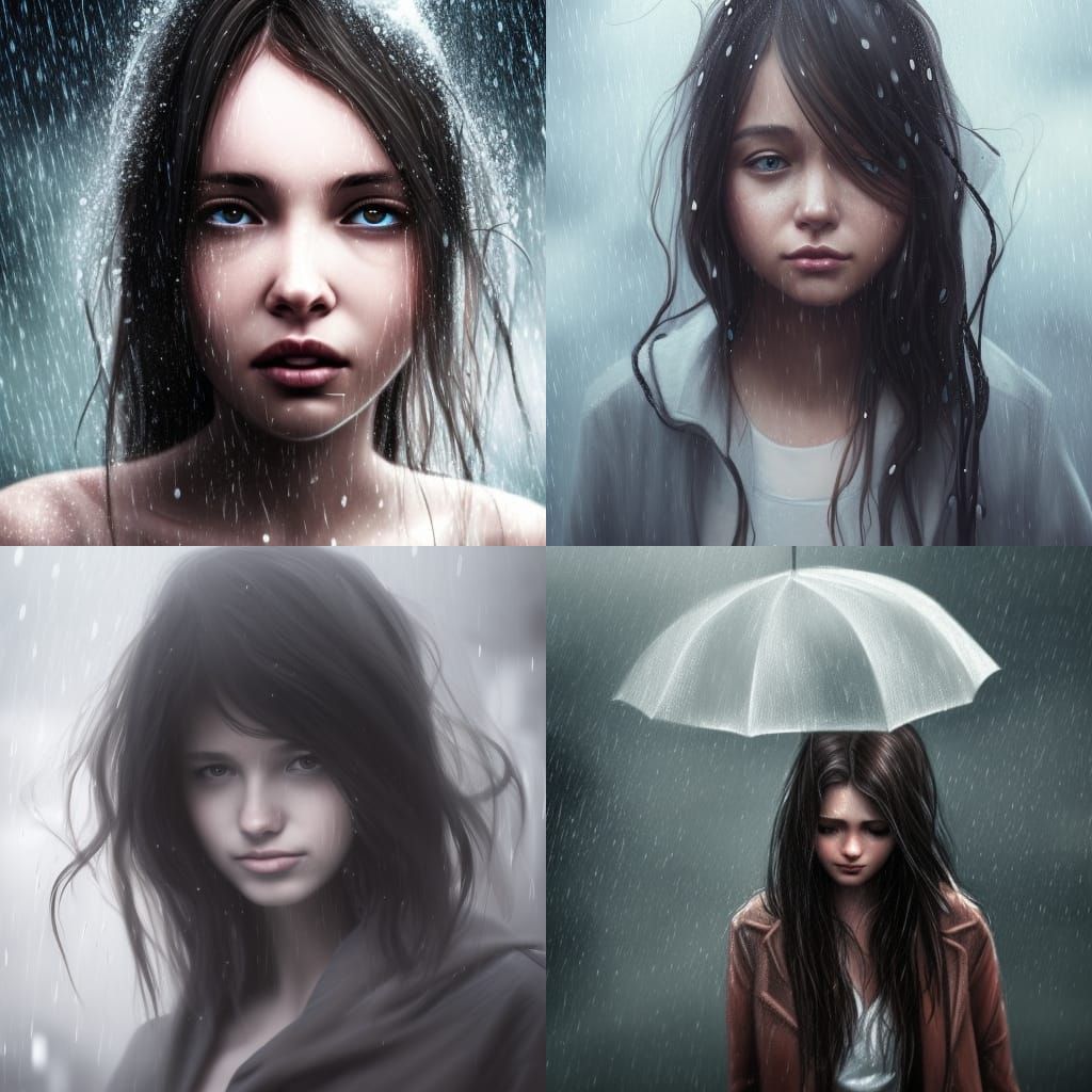 Sad Girl in Rain, Hyperrealistic Portrait