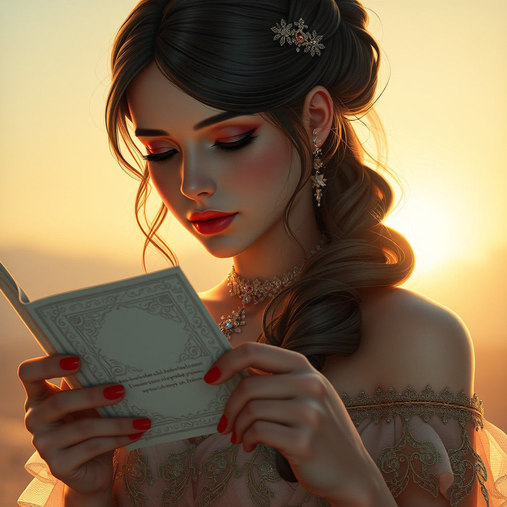 Persian Woman Reading Letter in Hyperrealistic Style