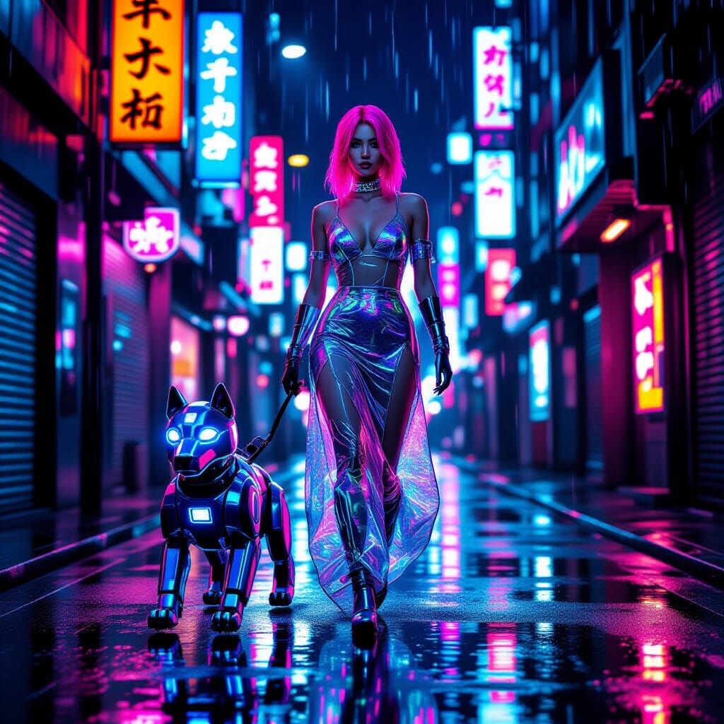 Cyberpunk Woman and Robot Dog in Neon Tokyo Alley