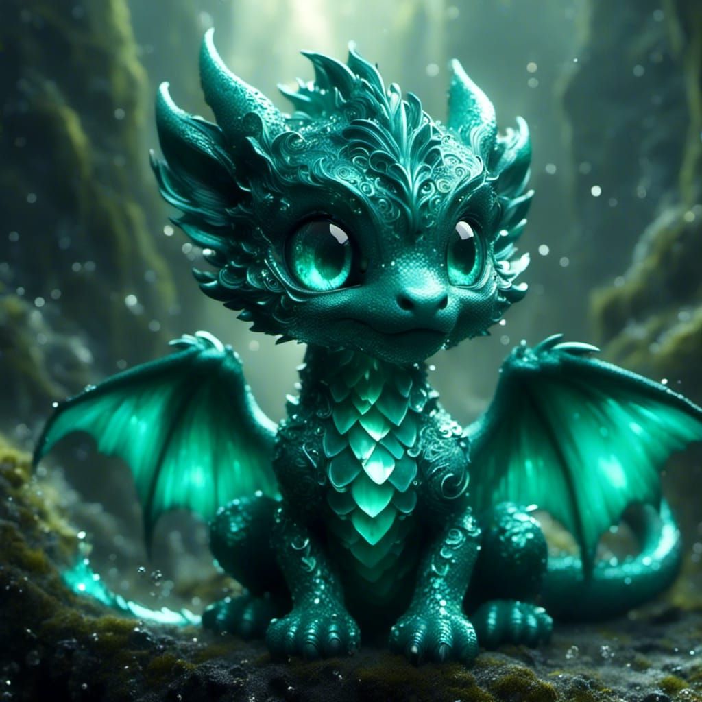 Aqua Emerald Chibi Dragon with Sparkling Eyes