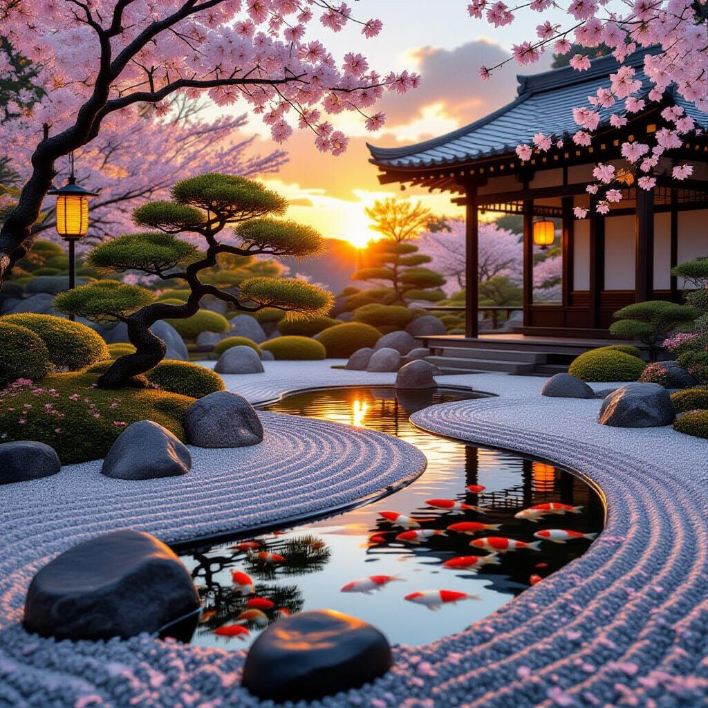 Tranquil Zen Garden At Sunset With Koi And Bonsai