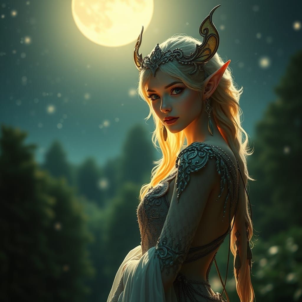 Ethereal Sun Elf in Moonlit Forest