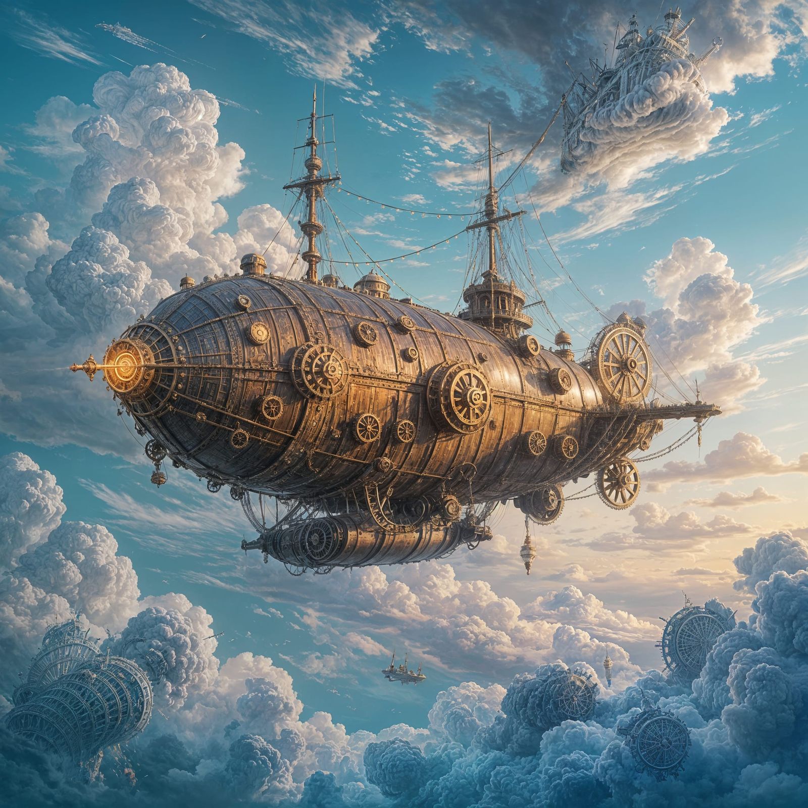 Steampunk Airship in Gear-Filled Sky Oil Painting