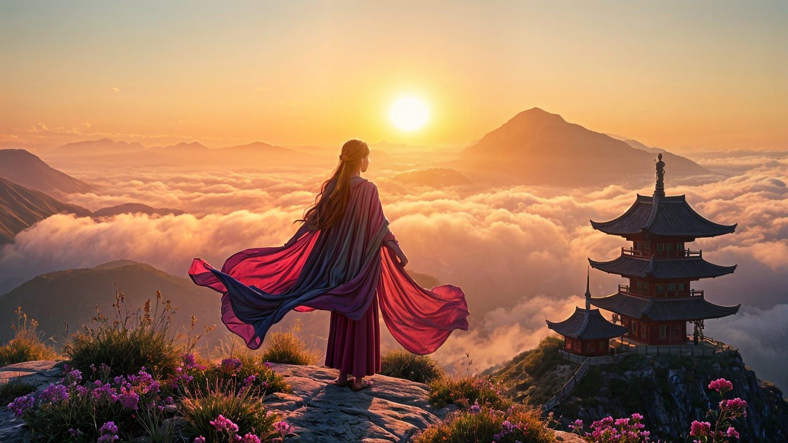 Woman on Cliff at Sunrise in Anime Style