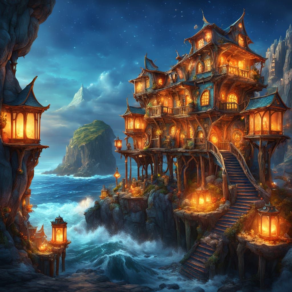 Elven House on Island Amidst Ocean Waves