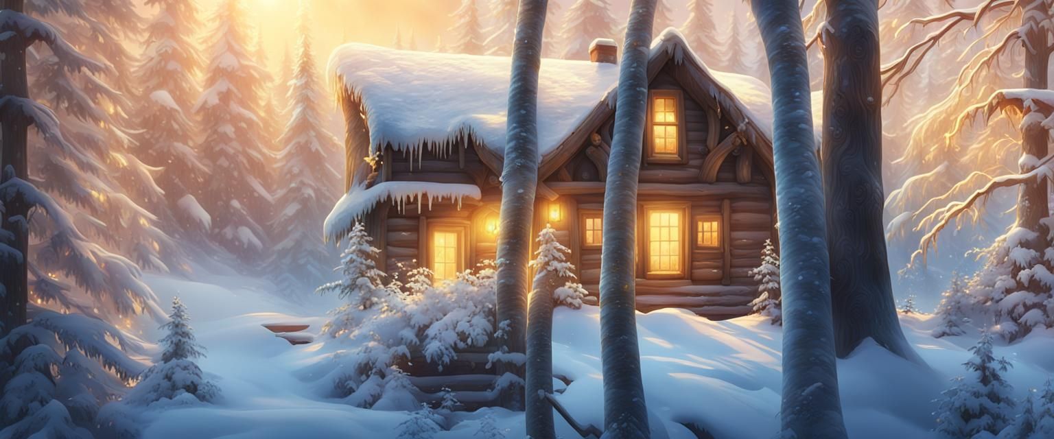 Warm Golden Light Spills From A Cozy Cabin In A Snow-Covered...