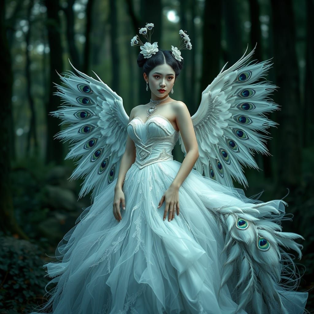 Gothic Vampire in Peacock Gown, Hyper-Realistic Fantasy Art