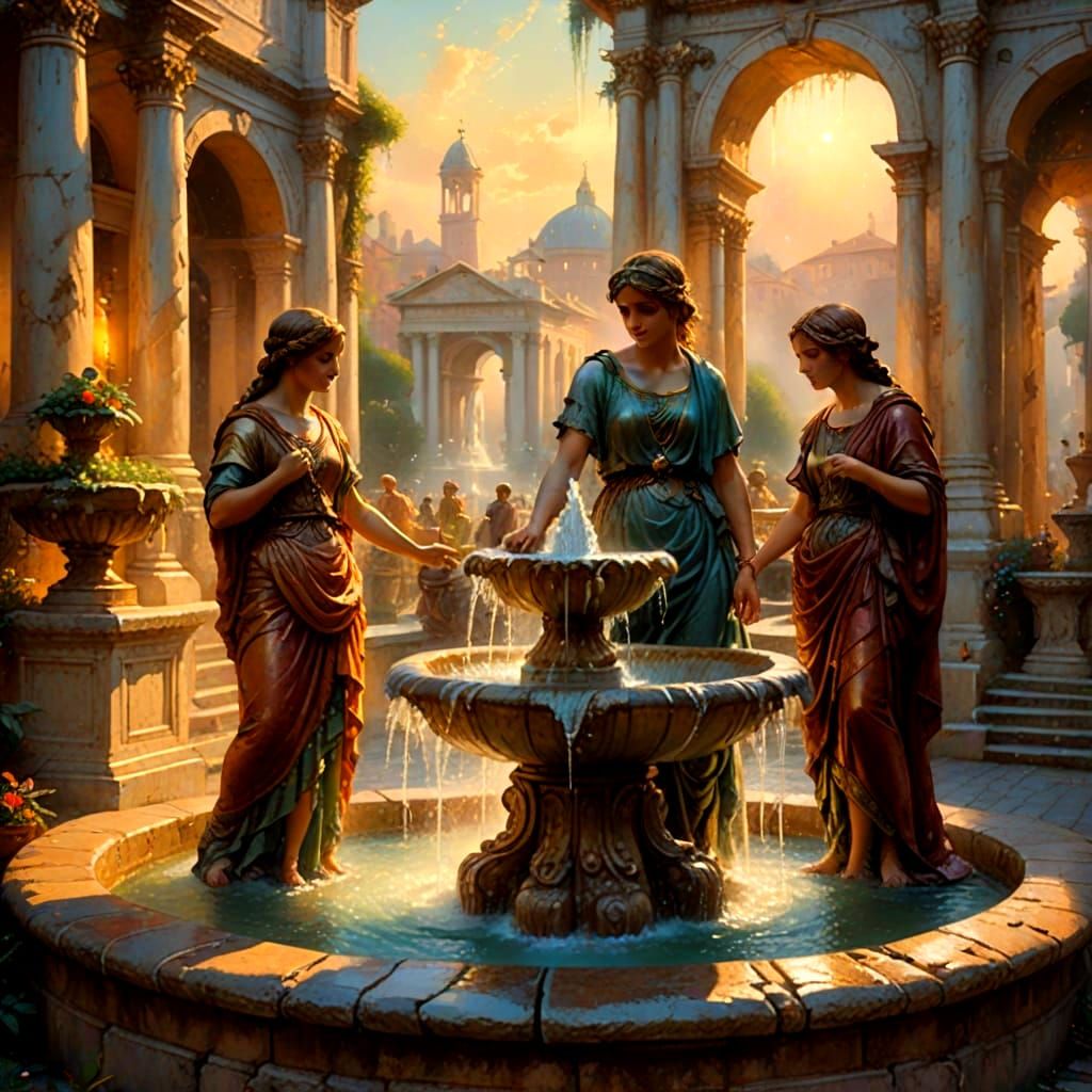 Ethereal Women at Water Fountain in Ancient Rome