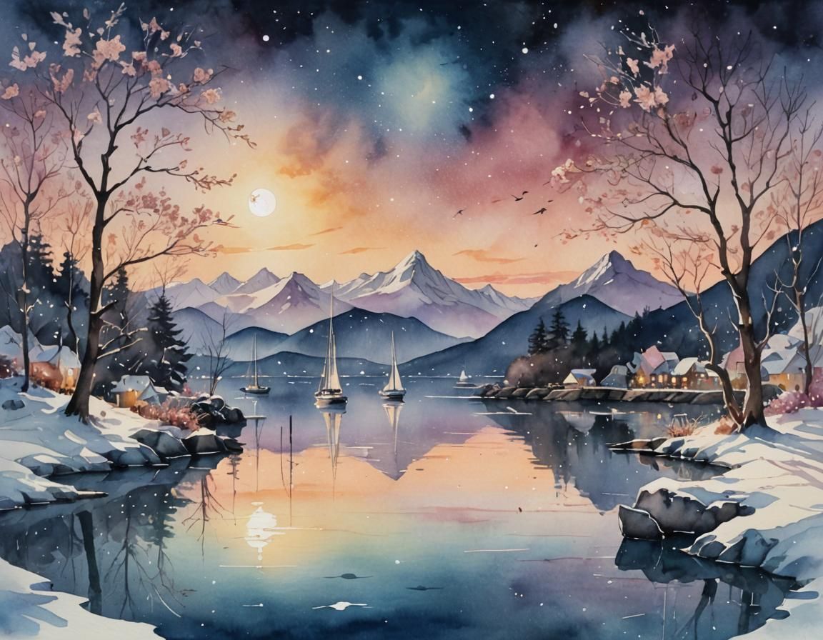 Dreamy Watercolor Harbor with Moonlit Reflection