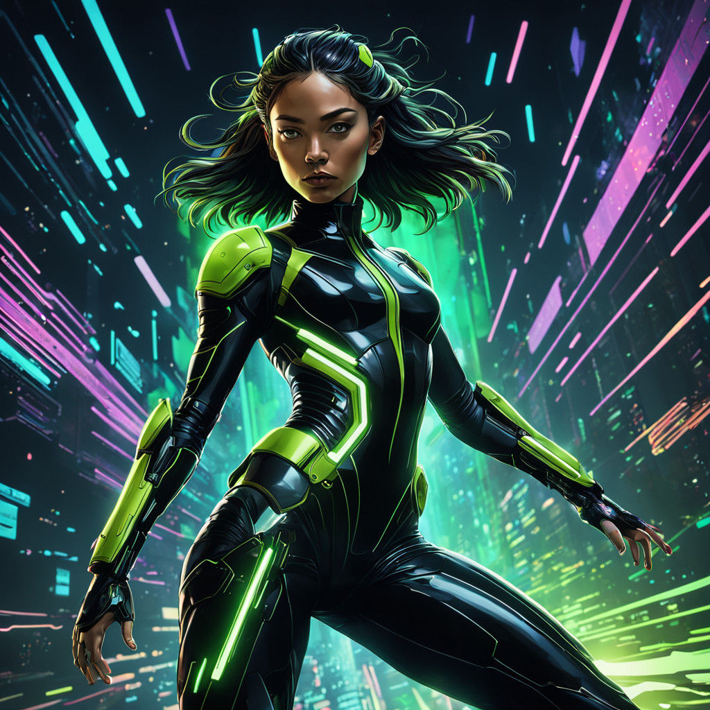 Cyberpunk Warrior Woman in Neon-Lit Vortex