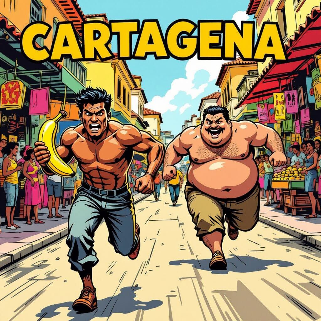 Comic Style Chase Scene in Cartagena Market