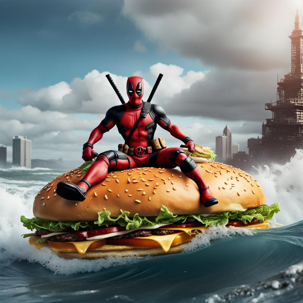 Deadpool Surfing a Hamburger: Fantasy Concept Art