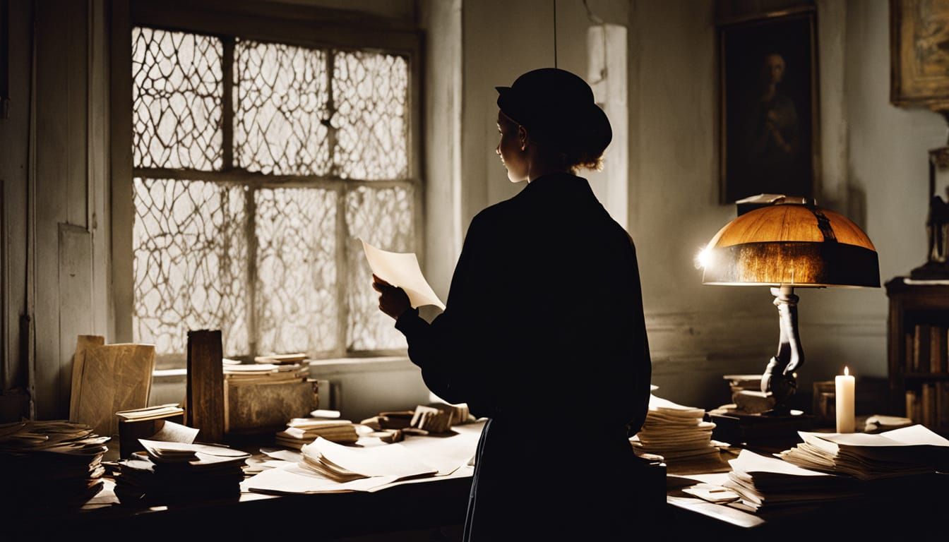 Amara DuPont – A shadowy room filled with revolutionary pamphlets, where Amara is sealing a document in candlelight whil...