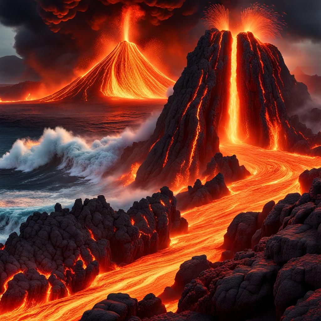 Volcanic Lava Flows into Ocean: Matte Painting