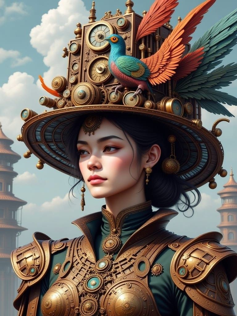 Japanese Steampunk Woman with Bird and Alien Architecture