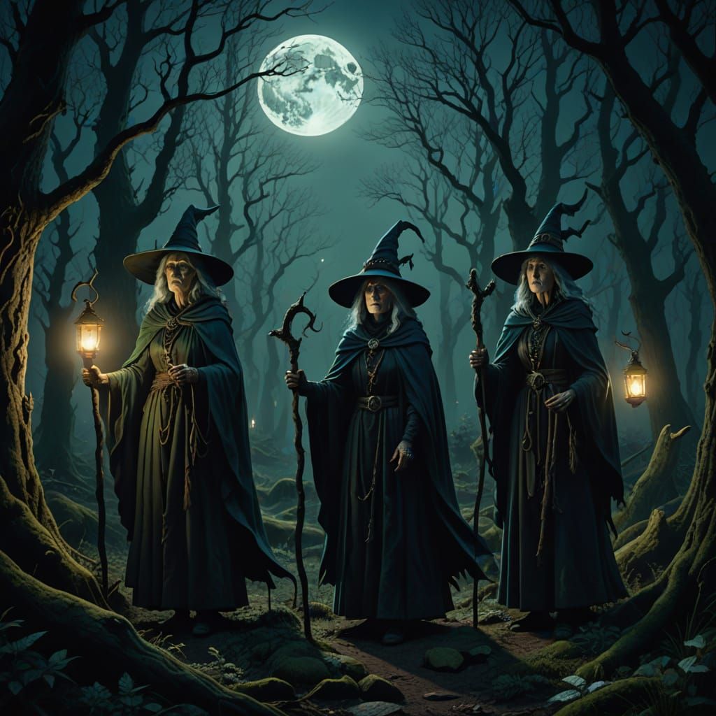 Three Crones in Dark Forest - Fantasy Art