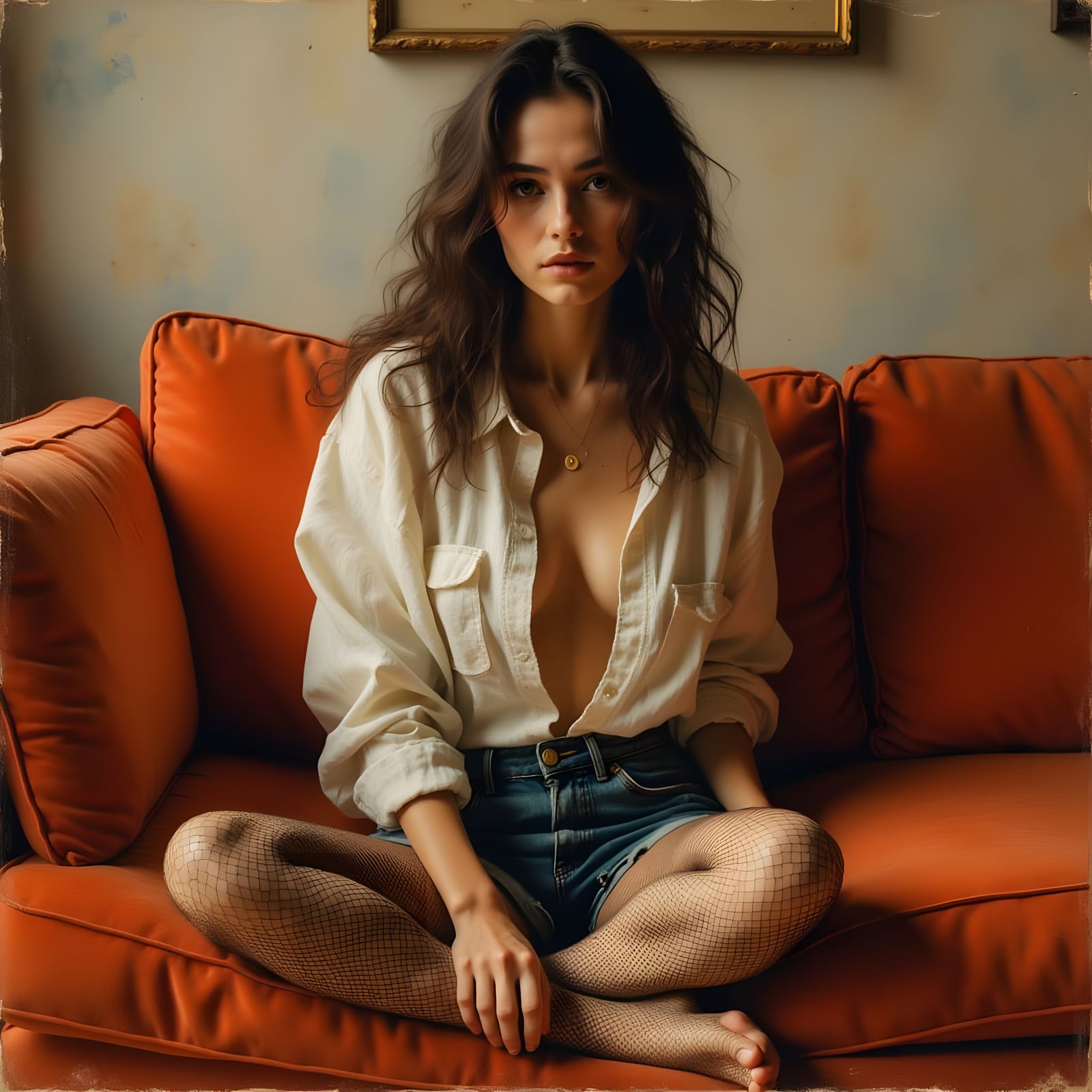 Elegant Young Woman in Burnt Orange Velvet Couch