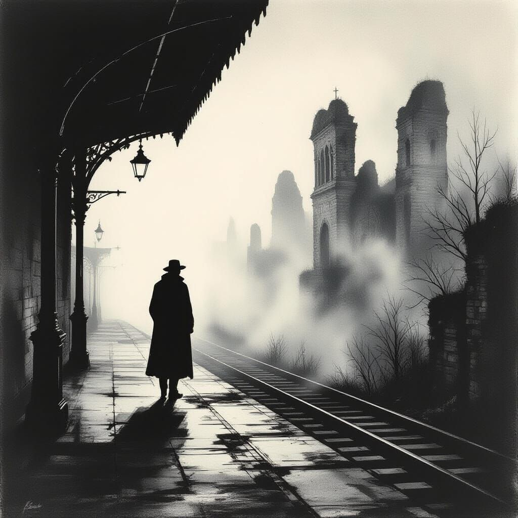 Solitary Figure on Ruined Train Platform in Charcoal Sketch ...