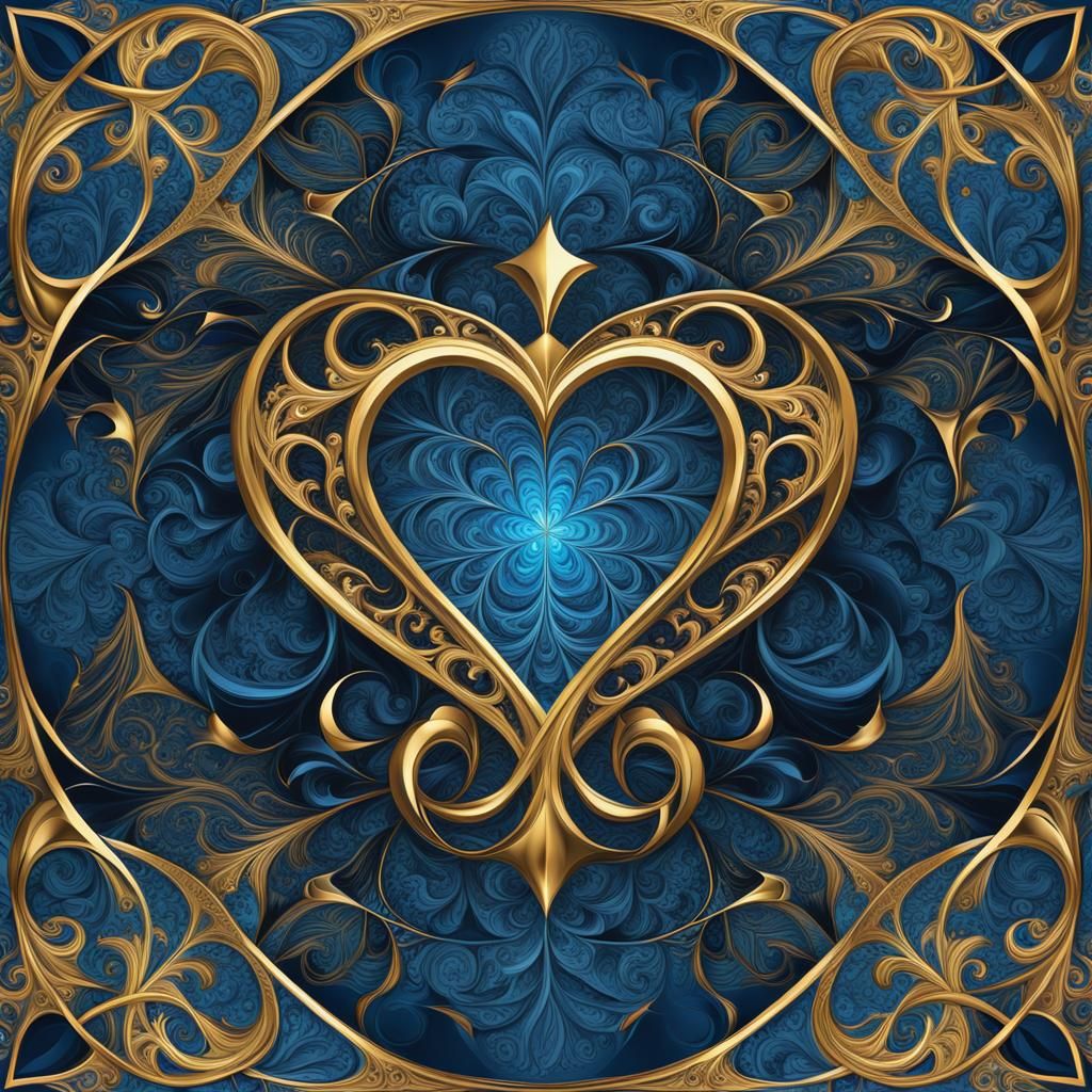 Gold Heart Filigree Fractal Curves with Trident