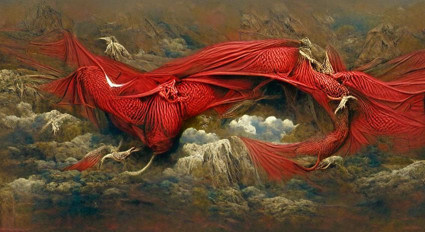 Majestic Red Dragon in Gustave Doré Style
