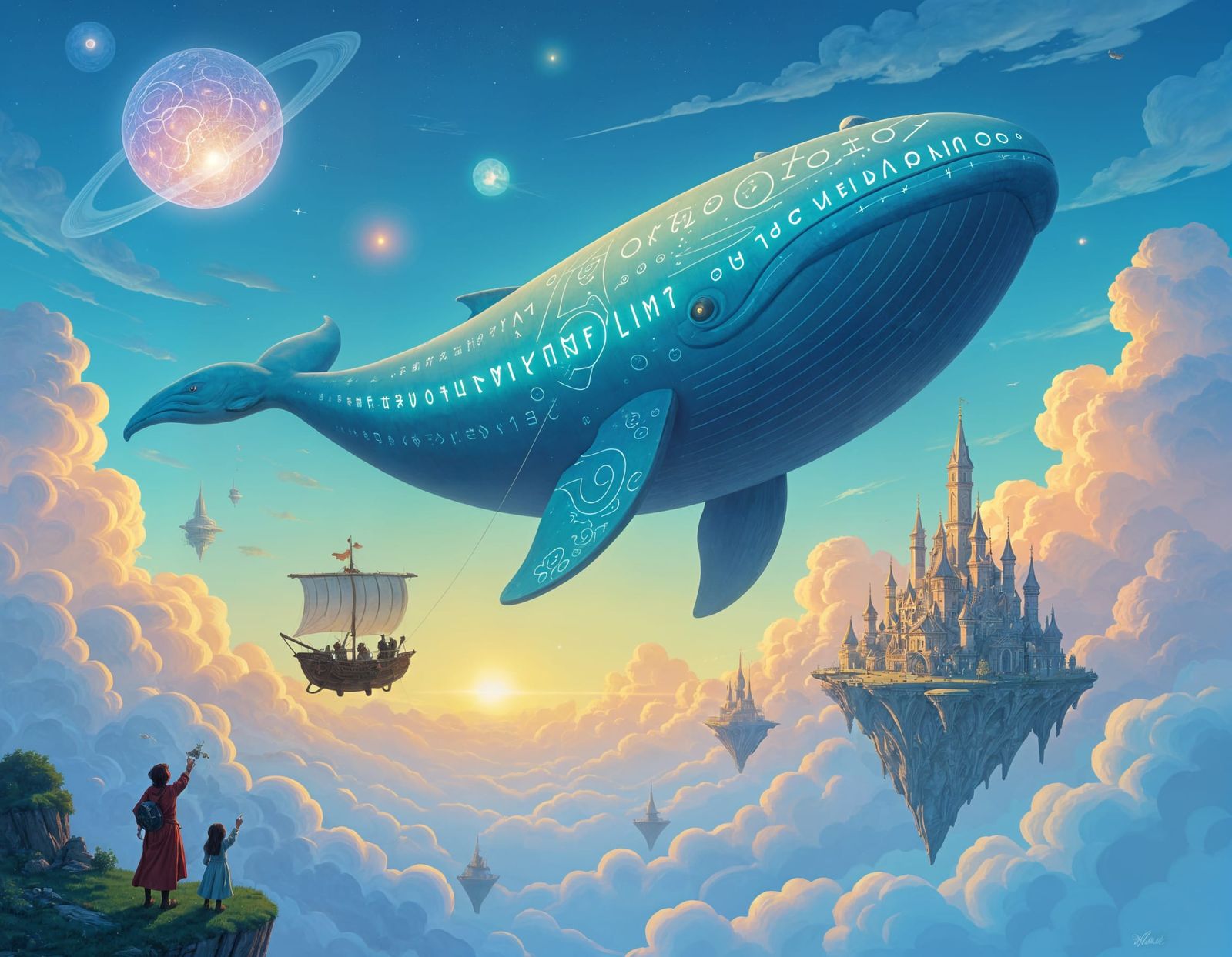 Benevolent Sky-Whale Aids Lost Airship in Fantasy City