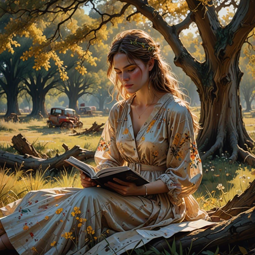 Woman Reading Under Oak Tree: Hyperrealistic Painting