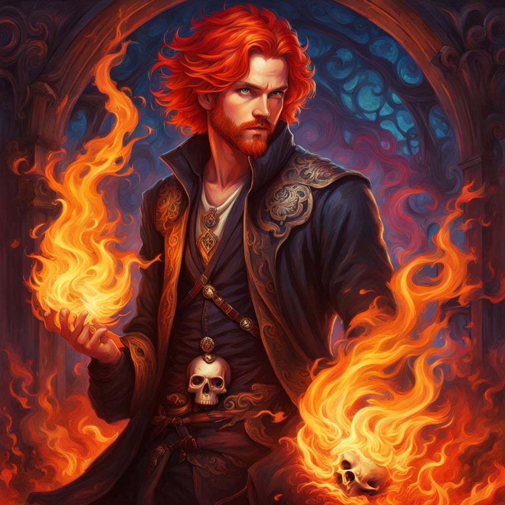 Fiery Haired Wizard in Anime Style