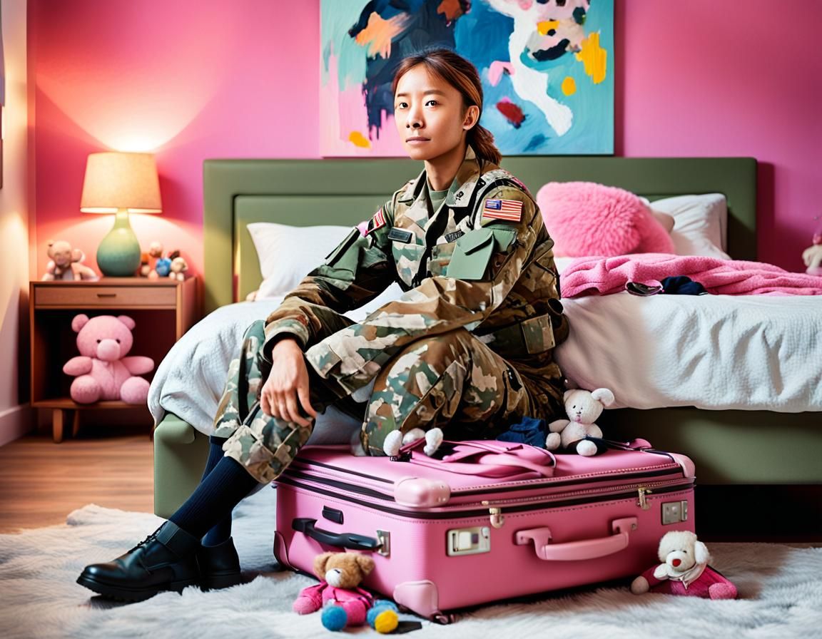 a woman soldier seating on a bed, rifle is on the floor, pin...