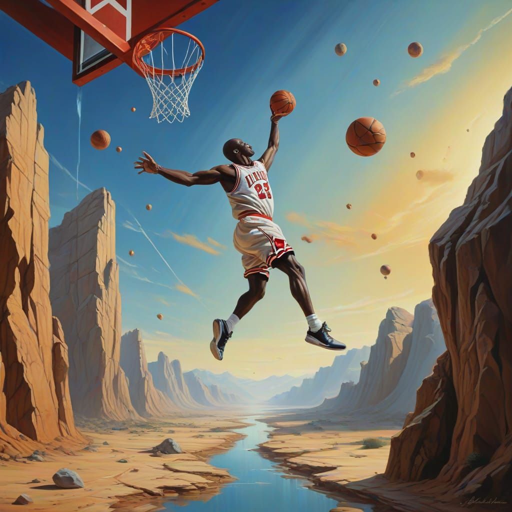 Michael Jordan's Surreal Slam Dunk in Dreamlike Landscape
