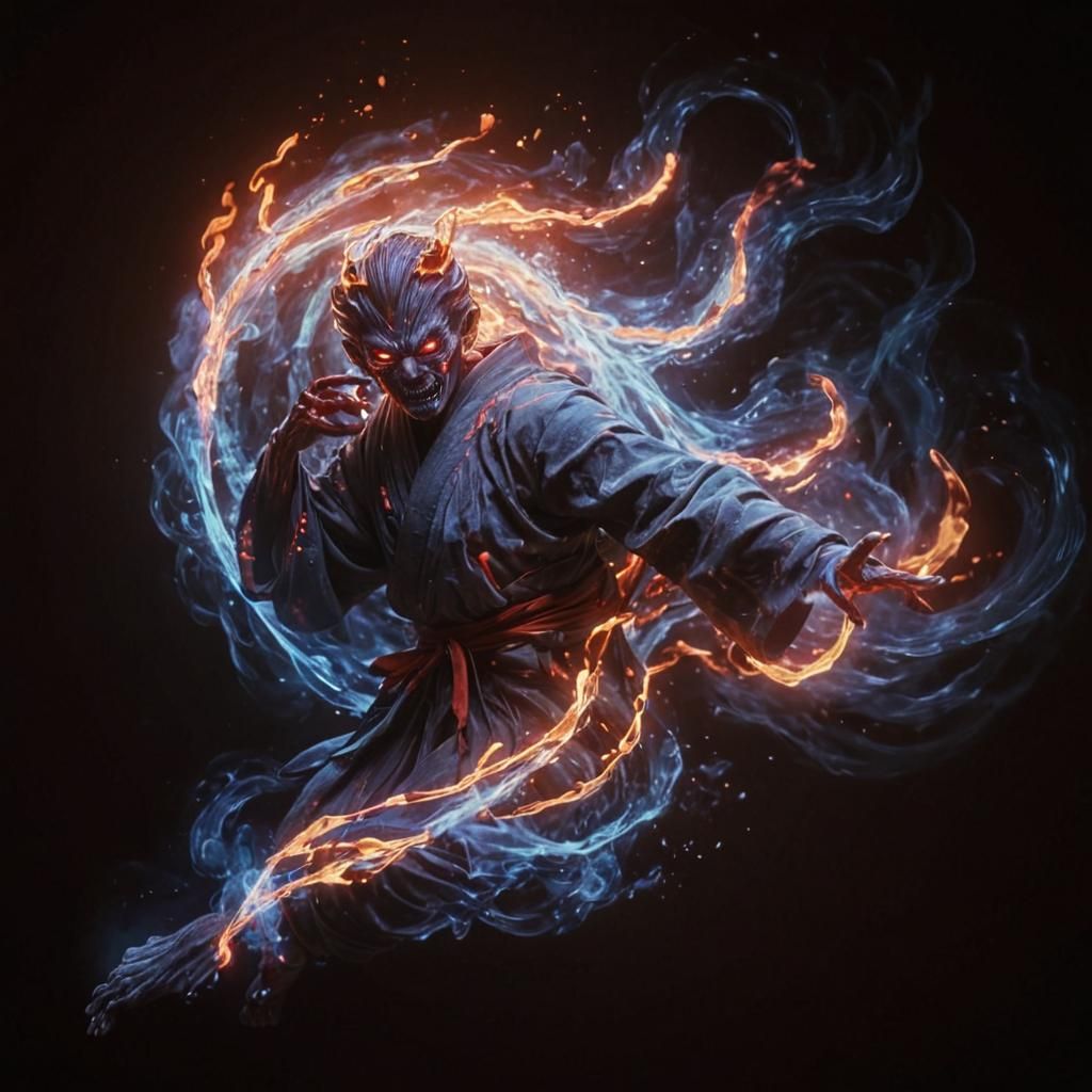 Fiery Neon Yokai Spirit in Dark Art Style