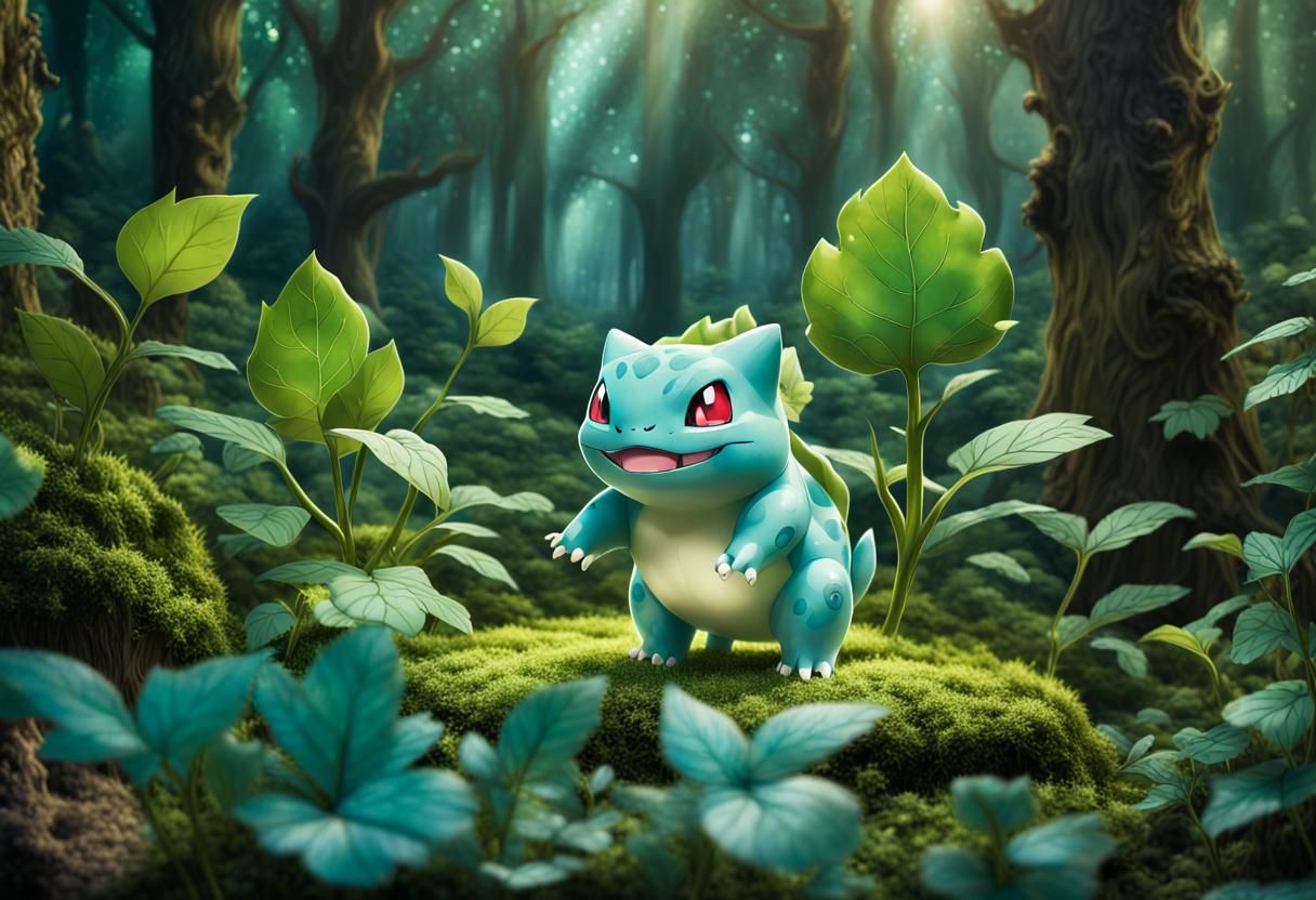 Bulbasaur in a Magical Bioluminescent Forest
