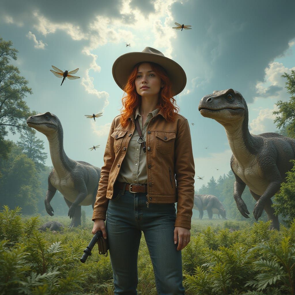 Ethereal Paleontologist Amidst a Prehistoric Landscape