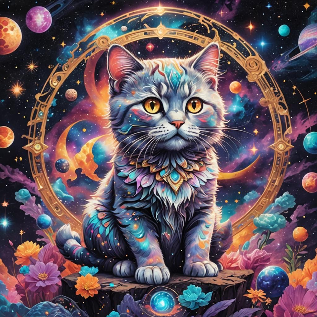 Holographic Cosmic Kitty in Mixed Media Style
