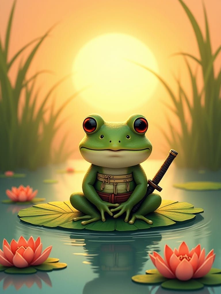 Kawaii Frog Samurai in Watercolour Style