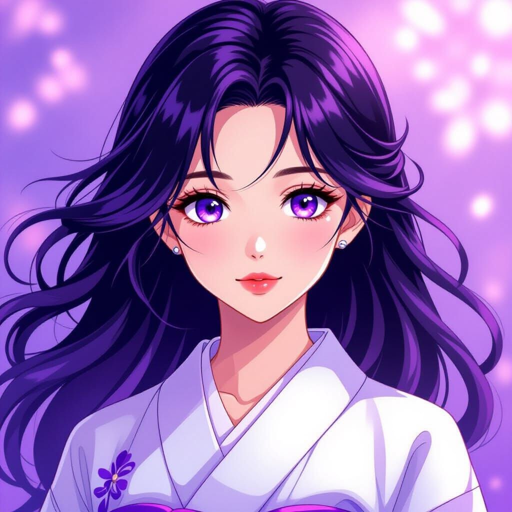 Anime Portrait of Kanae with Purple Eyes in Kimono