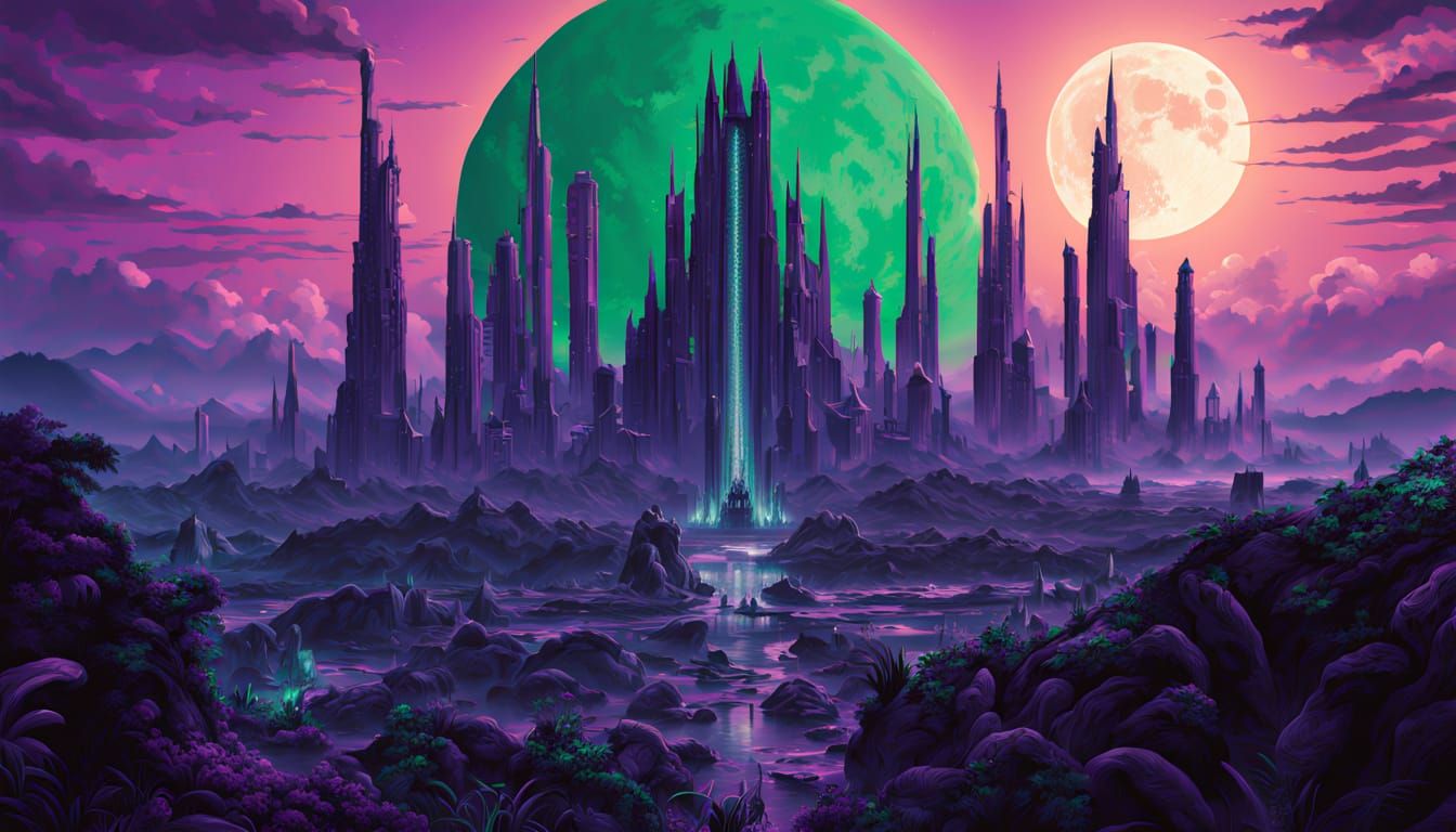 Alien City Under Twin Moons in William Stout Style