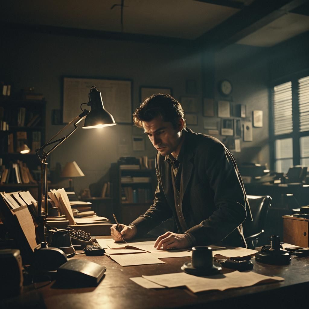 Intense Focus in Film Noir Office Scene