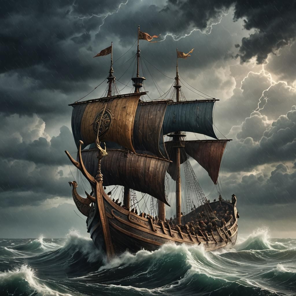 Viking Ship Battles Stormy Sea in Dark Fantasy Art