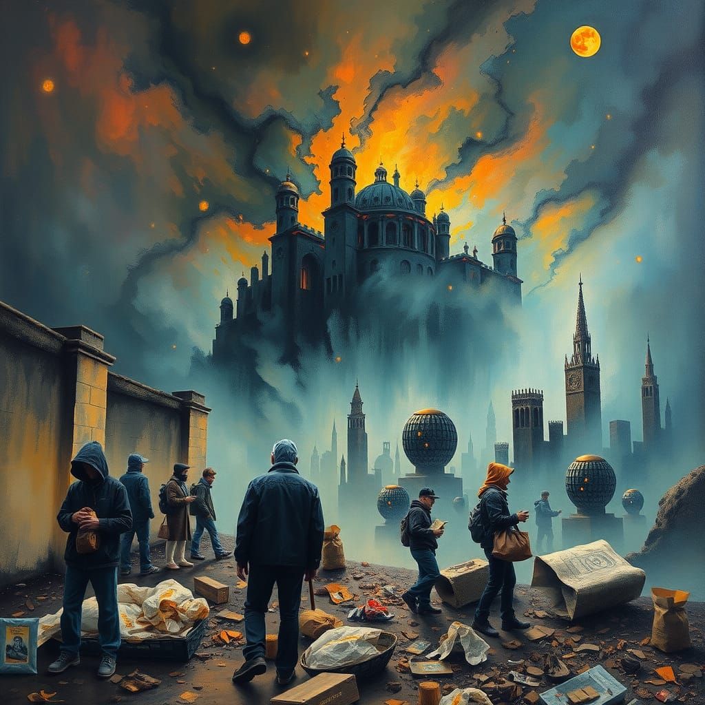 Dystopian Poverty Scene as Impasto Metal Art