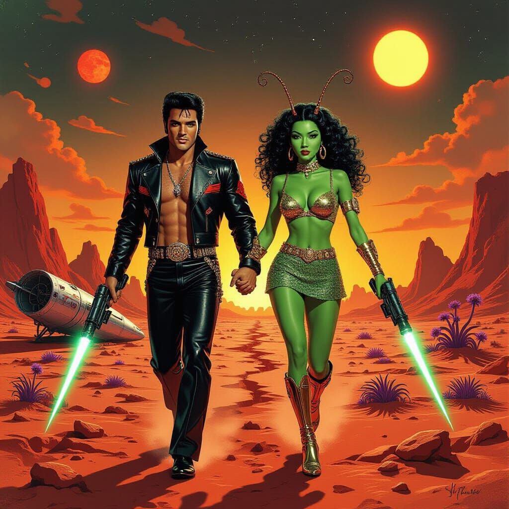 Elvis & Alien Woman Run Towards Viewer on Planet