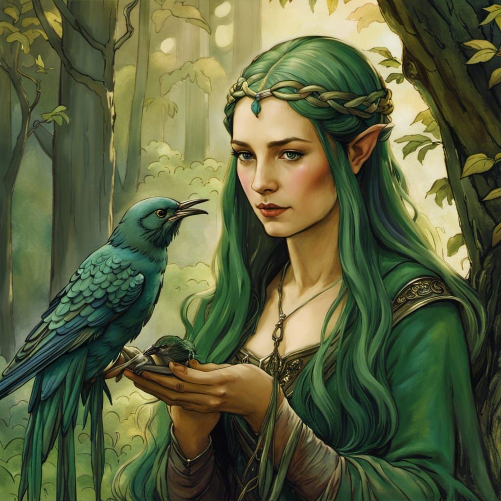 Arwen with Green Hair in Dappled Forest