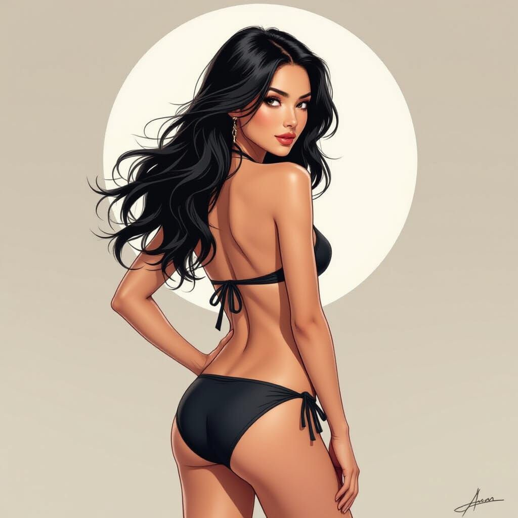 Charcoal Portrait of a Woman in Bikini