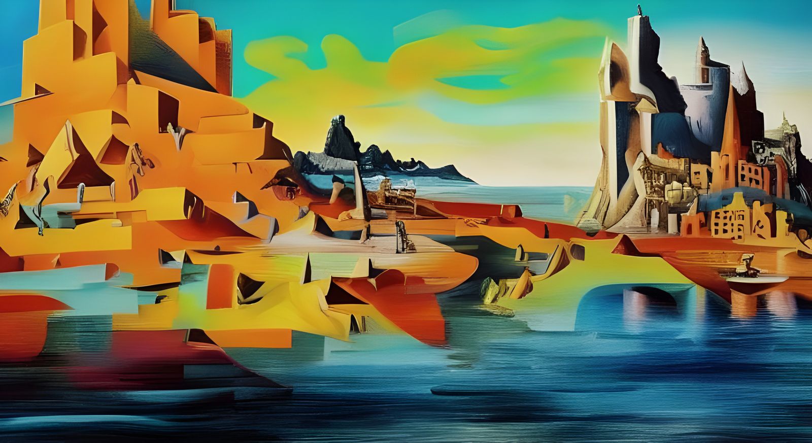 Surreal Geometric City Rising from the Waves
